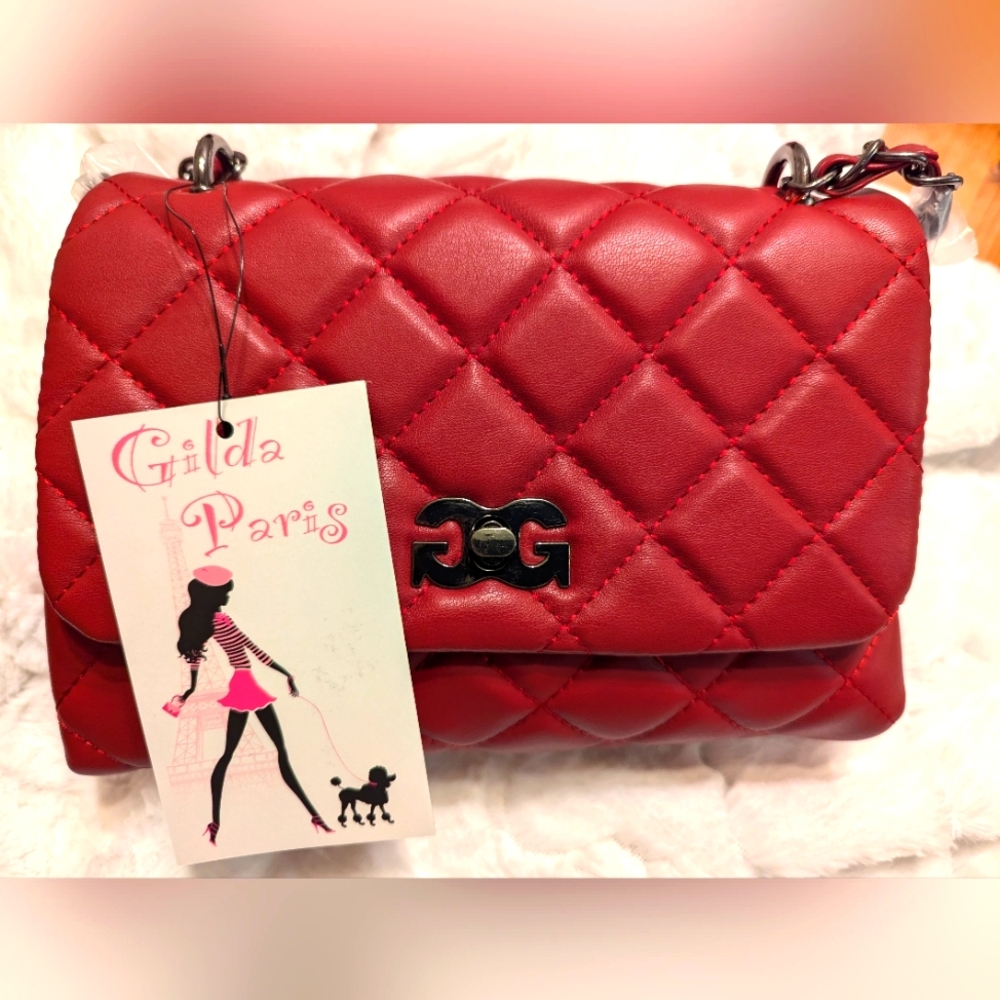 Gilda Paris Quilted Messenger Bag Pewter Hardware & Chain leather Strap NWT